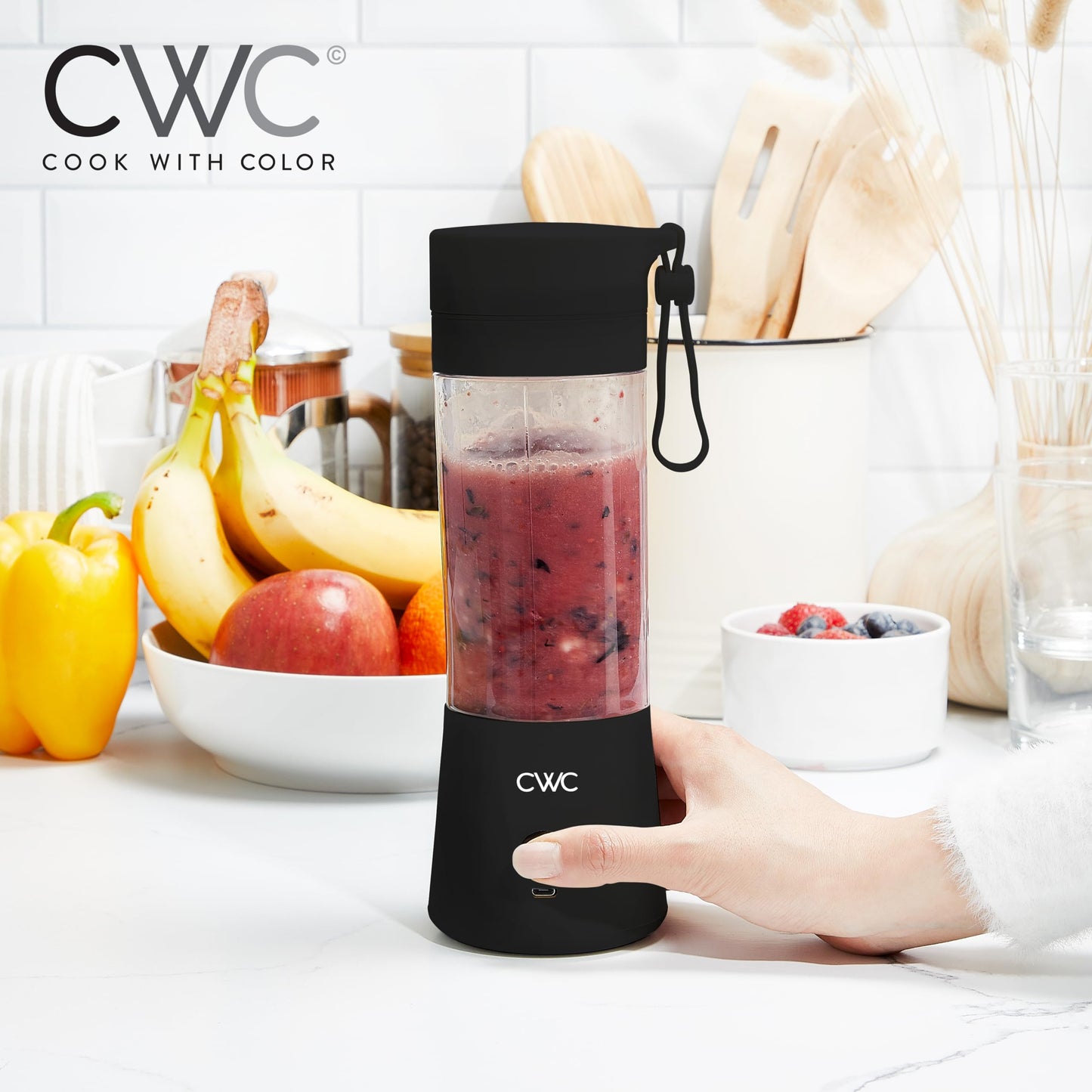 COOK WITH COLOR Mini Portable Blender - 250W Power, 12oz Capacity, Stainless Steel Blade, Wireless/USB Rechargeable, Grey