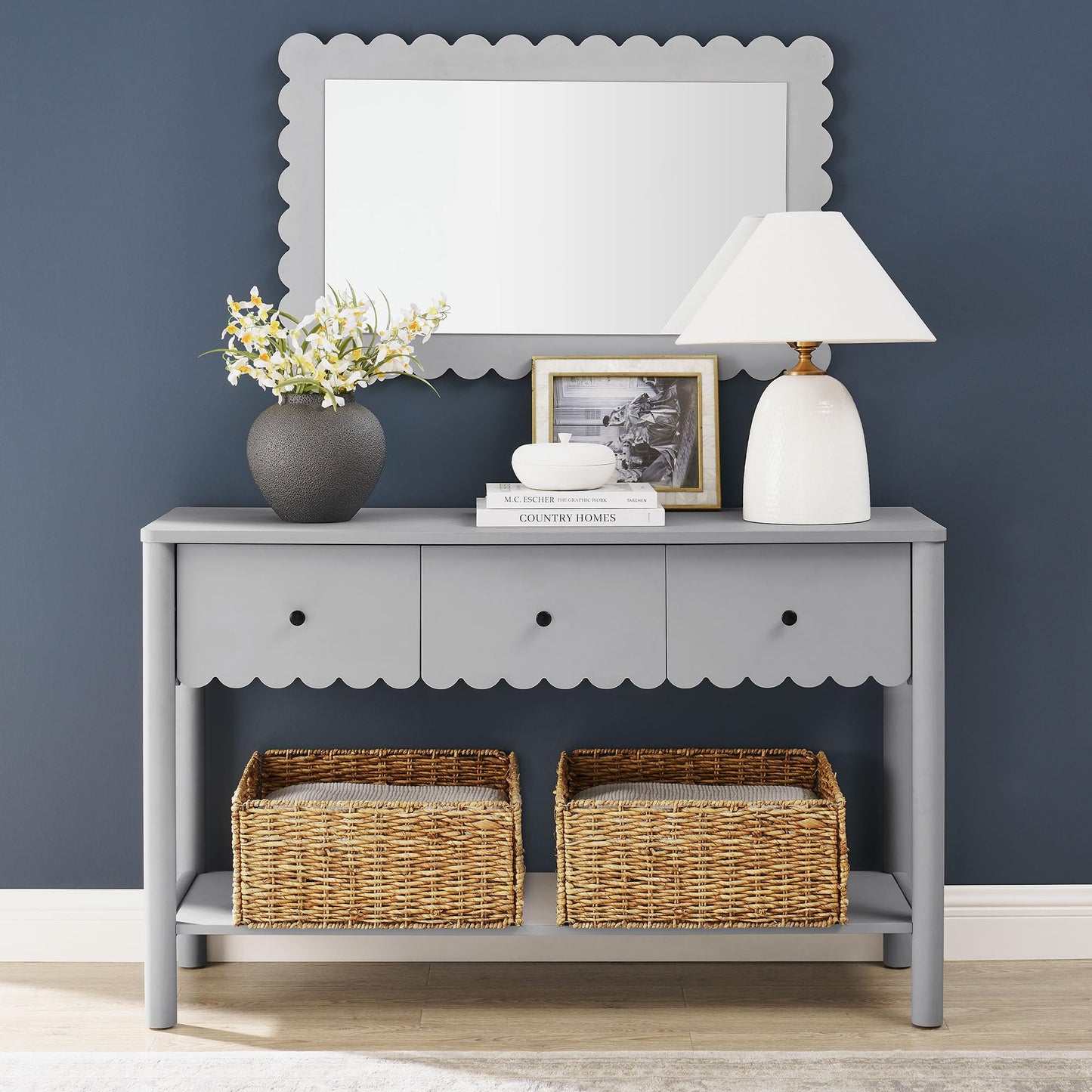 Modway Emmeline 3-Drawer Scalloped Console Table in Light Gray