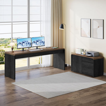 Homiflex Mid-Century Modern 78" L-Shaped Executive Desk with Independent Mobile File Cabinet, Large Home Office Desk with Drawers and 4 AC + 2 USB Power Outlets, Waterfall Edge Design, Black & Walnut