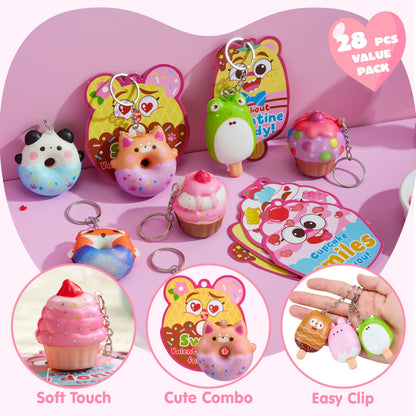 JOYIN 28 Packs Valentine Dessert squishy toys Stress Relief Keychains with Fun Dessert Cards, PU Donuts Squishy Toys, Cupcake & Popsicles Keychain, Slow-Rising Toy for Kids Classroom Gift Party Favor