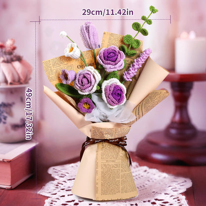 Kogyxe Crochet Kit for Beginners, Purple Rose Crochet Flowers for Adults with Step-by-Step Video Tutorials, DIY Crochet Bouquet Kits Knitting Supplies Include Floral Wire, Newspaper