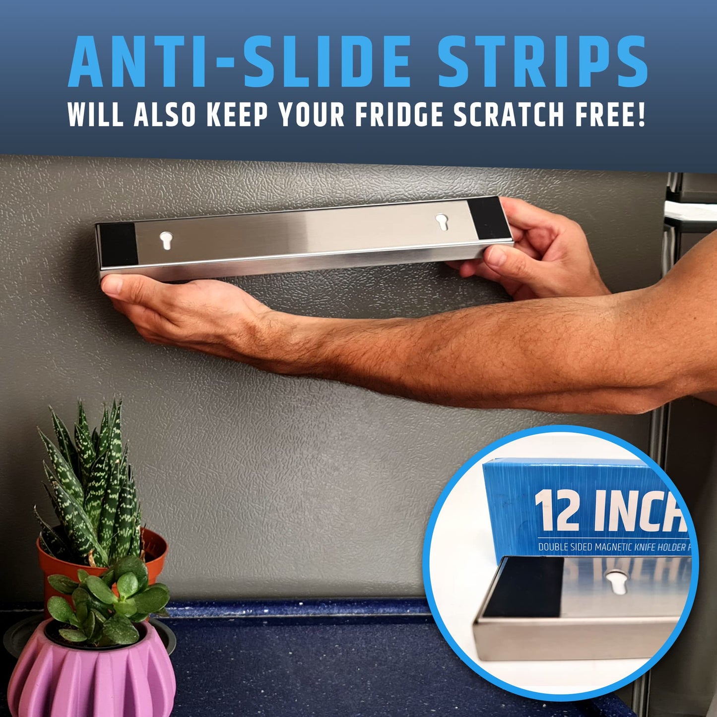 12" Premium Magnetic Knife Holder for Refrigerator (Double-Sided Heavy-Duty Magnets) - Upgraded Strip for Strong Fridge Mount - Clear Up Counter Space - 304 Anti-Rust Stainless Steel (Upgraded Design)