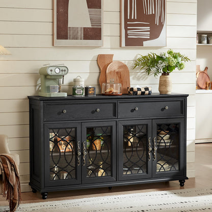 Joaxswe Farmhouse Sideboard Buffet Cabinet with Storage,59" Large Credenza with 4 Glass Doors & 2 Drawers,Adjustable Shelves Console Table,Wood Kitchen Coffee Bar for Dining Room,Living Room,Black