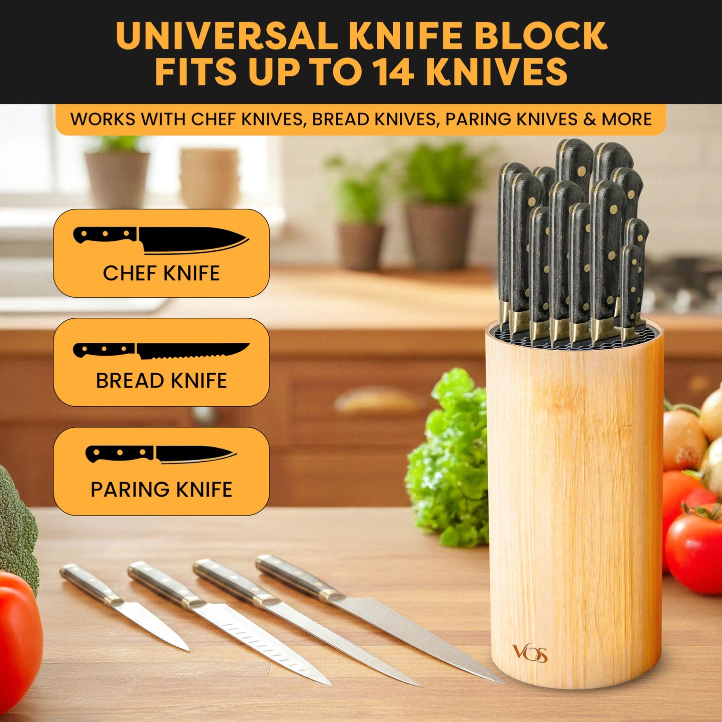 Vos Universal Knife Block - Countertop Knife Block Without Knives - Knife Holder with Non-Slip Base Sturdy Knife Organizer - Space Saving Knife Stand, Sleek & Modern Knife Rack - Bamboo