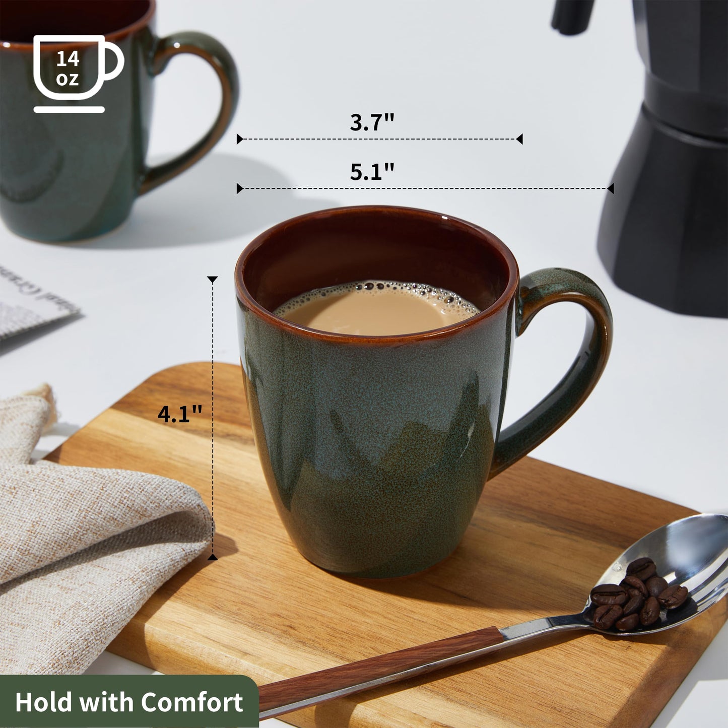Pokini Coffee Mug 14 oz, Ceramic Coffee Mugs Set of 4, Reactive Glaze Mug for Latte/Tea/Cappuccino, Large Stackable Mug Set for Men, Women, Dad, Mom, Dishwasher & Microwave Safe, Brown Green