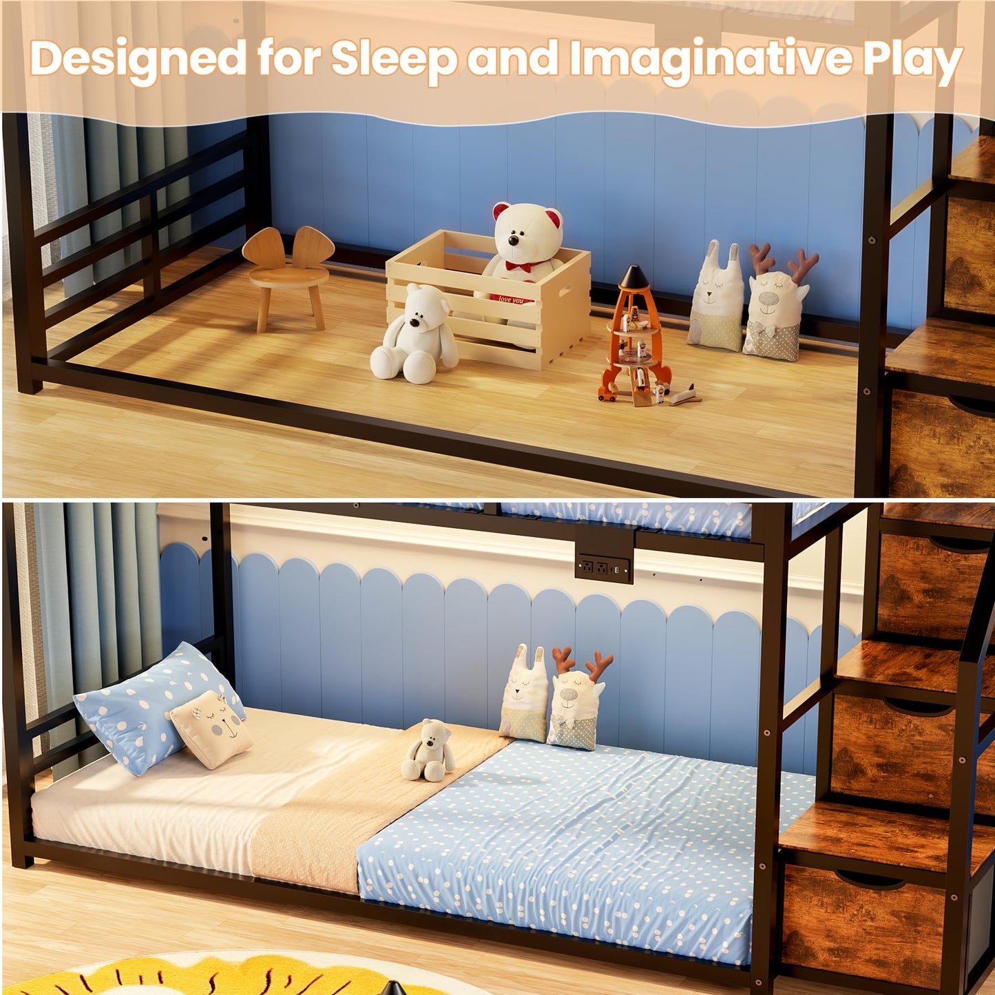Low Bunk Bed Twin Over Twin with Storage Staircase, RGB LED Lights, Drawers & Shelves, Metal Bunk Beds for Kids with Power Outlet, Double Full-Length Guardrails & Metal Slats for Small Space, Black