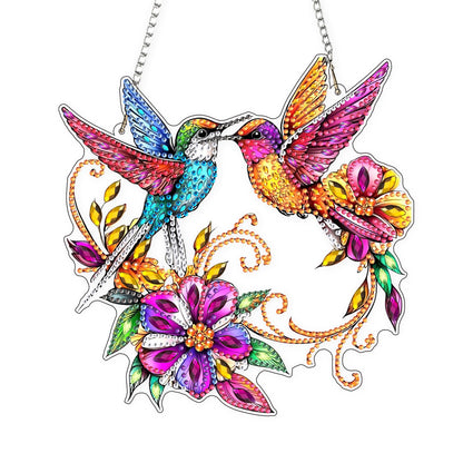 Lxmsja DIY Colorful Hummingbirds Diamond Painting Hanging Ornament, Double-Sided Acrylic Bright Flowers Diamond Art Kit, Special Shaped Suncatcher Hanging Pendant Window Art Kit 8x8 inch