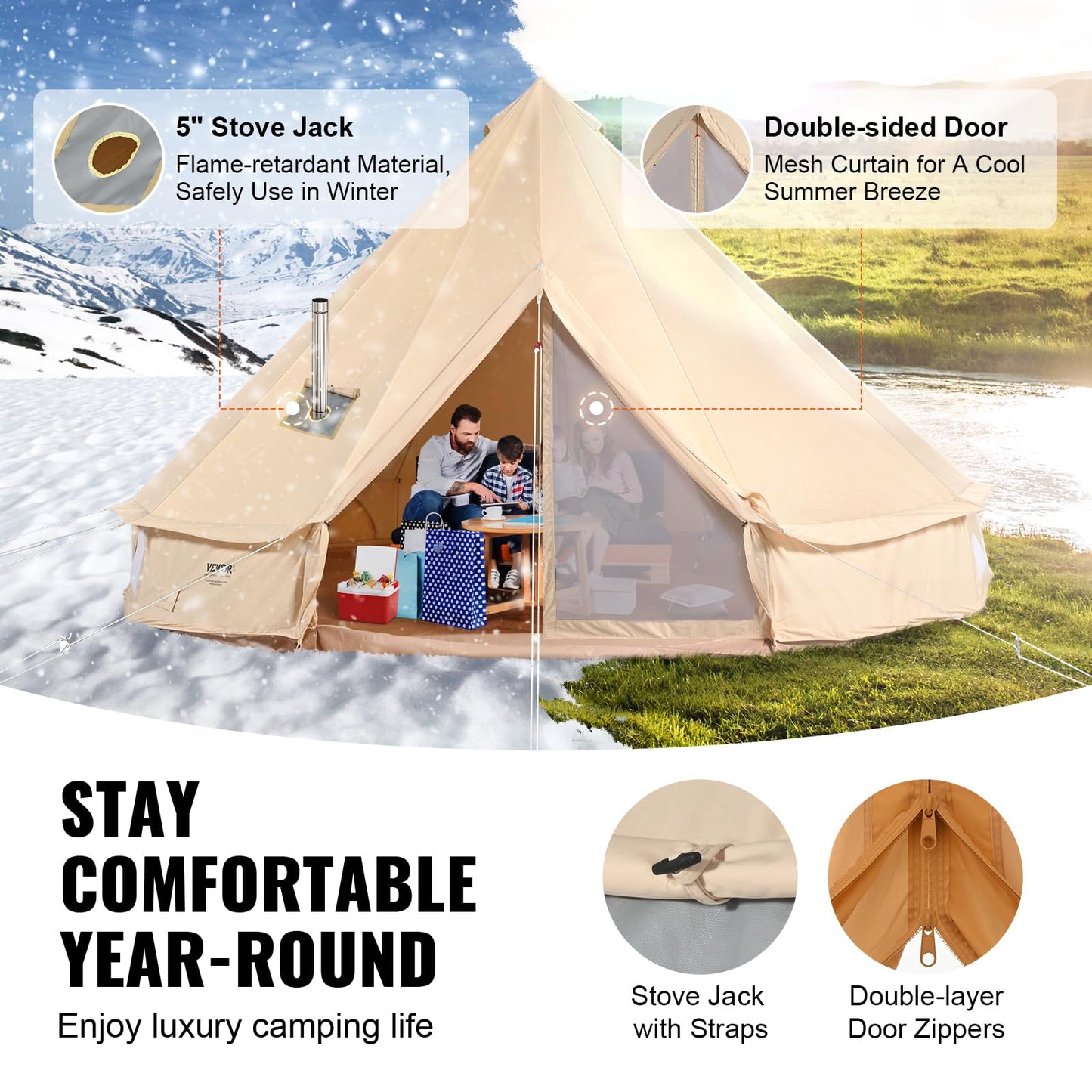 VEVOR Canvas Tent Bell Tent, 4 Seasons 7 m/22.97 ft, for Camping with Stove Jack, Family Camping Outdoor Hunting Party