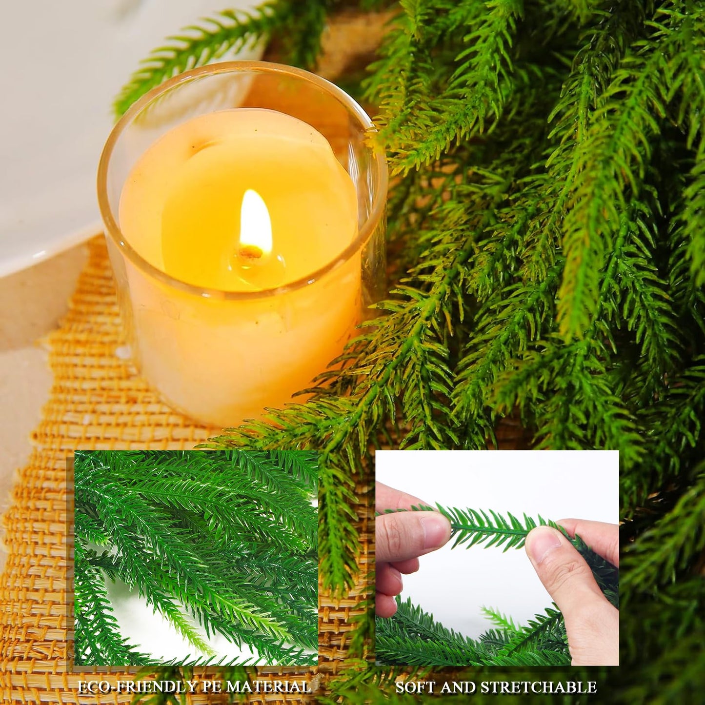 Norfolk Pine Garlands with Light String, 6Ft Artificial Soft Christmas Pine Garland, Green Real Touch Greenery Garland for Table, Mantle, Staires, Wall, Premium Indoor/Outdoor Christmas Decorations