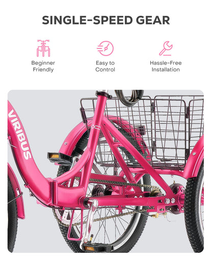 VIRIBUS Folding Tricycle for Adults, 20 inch Foldable Adult Tricycle, Folding 3 Wheel Bikes with Basket for Short Women Seniors, 1 Speed Collapsible Trike 330lb. Capacity, Three Wheeler Hot Pink