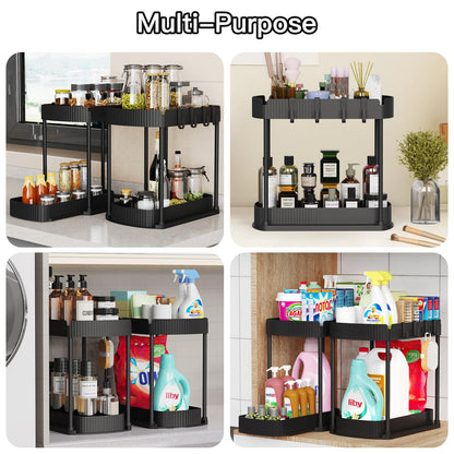 Ukeetap Multi-Purpose Pull-Out Storage Organizers, Under Sink/Cabinet Organizers and Storage for Bathroom & Kitchen, Black, 12.8 Inches, 2 Packs