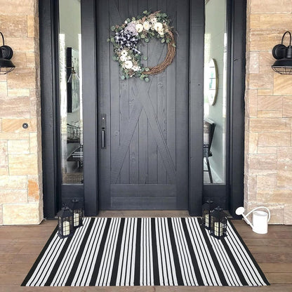 Black and White Striped Outdoor Rug, 27.5"x43" Hand-Woven Reversible Front Porch Mat for Entryway and Laundry Room