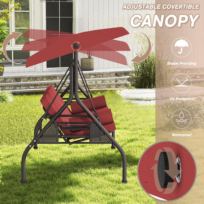 Patiomore 3 Seat Outdoor Porch Swing Chair, Adjustable Canopy Swing Bench, Convertible Backrest Swing Bed with Thicken Cushions, Pillow & Cup Hold (Wine Red)