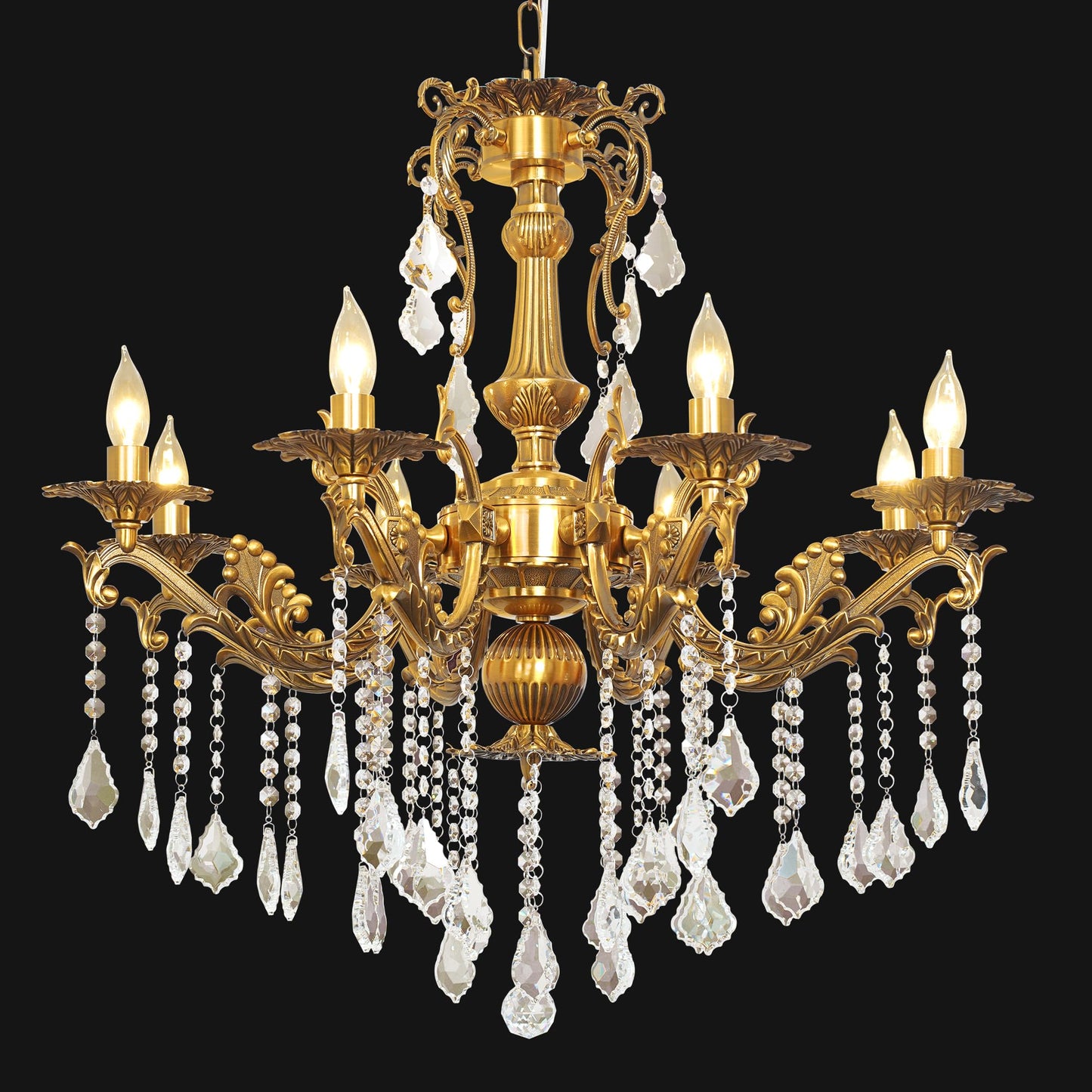 Luxury Copper Crystal Chandelier, 30" Vintage K9 Crystal Pendant Light with 8 Lights, Antique Brass Finish Ceiling Light Fixture with Scrolled Arms for Dining Room Living Room Foyer Villa Hotel