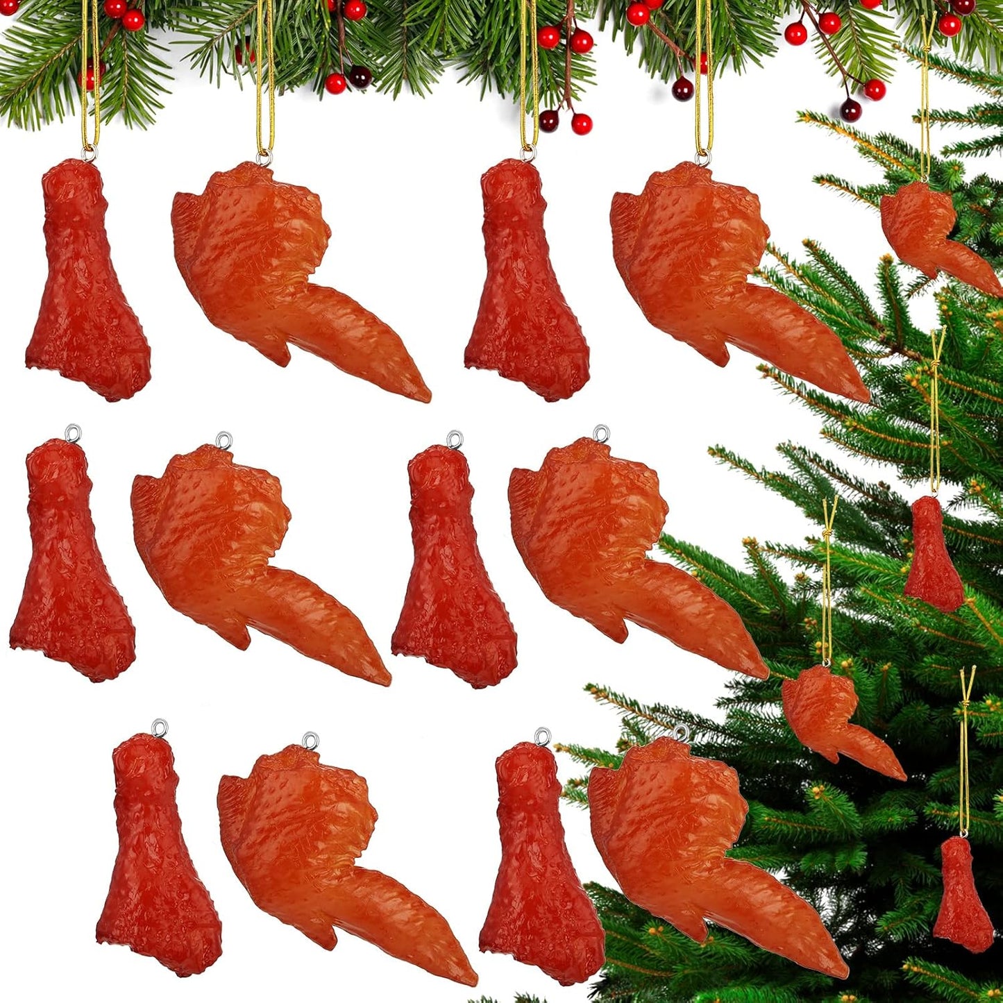 12 Yinder Pcs Christmas Chicken Wing Ornaments, Chicken Wing Food Ornaments for Christmas Tree Hanging Fried Fake Leg