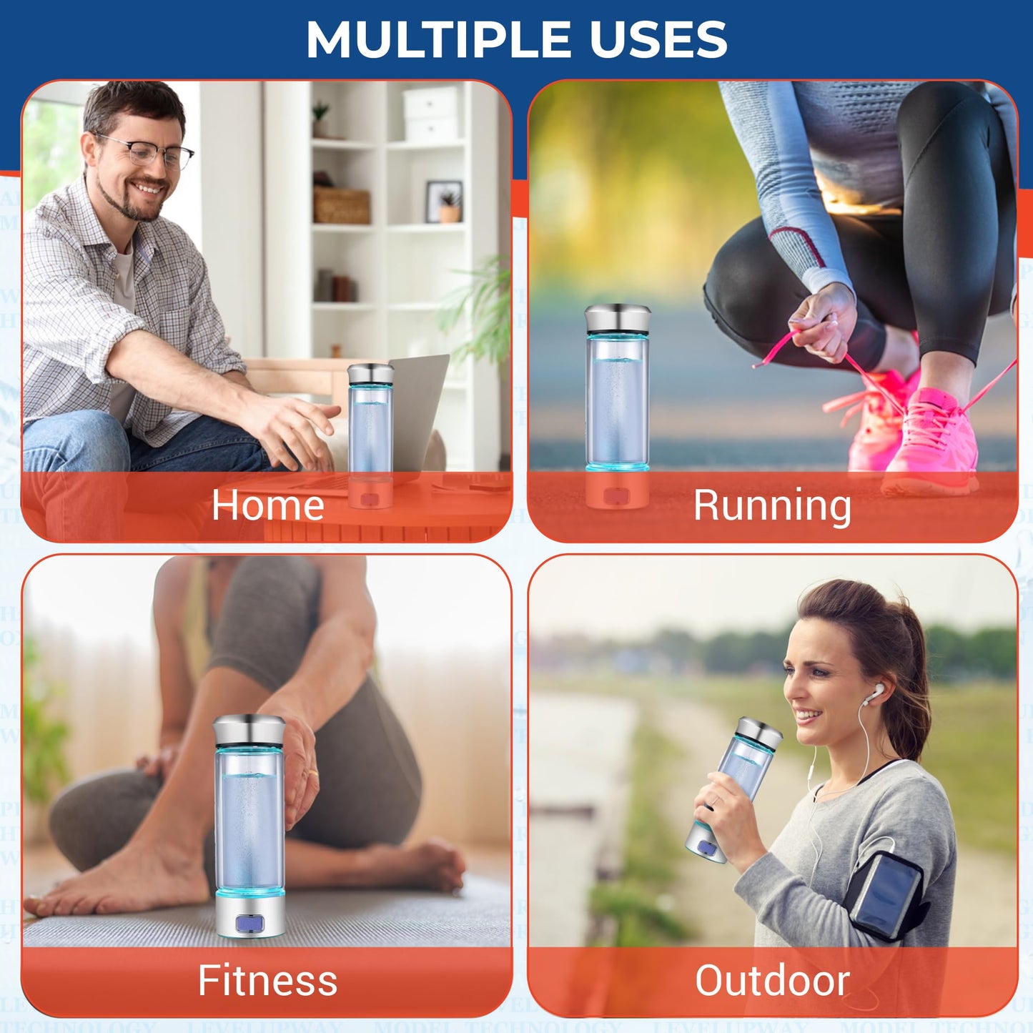 LevelUpWay - Hydrogen Water Bottle Up to 4000PPB SPE PEM Technology Water Ionizer (Borosilicate Glass, Silver)