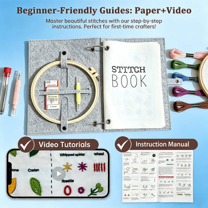 2026 Upgraded Embroidery Stitch Book Kit with 8.27"x10.65" Portable Loose-Leaf Cover, 103 Stitches & 60 Patterns, All-in-One Hand Embroidery Kit for Beginners with Tools & Step-by-Step Video Tutorials