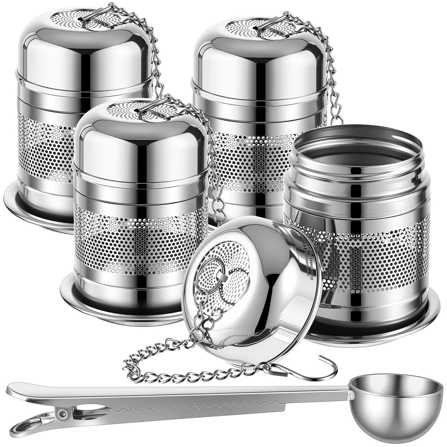 Umigy 4 Pcs Tea Infuser Strainers for Loose Tea with Scoop, Extra Fine Mesh Steeper 304 Stainless Steel Diffuser Leaf Holder with Extended Chain Hook for Brew, Spices, Seasoning (Stylish Style)