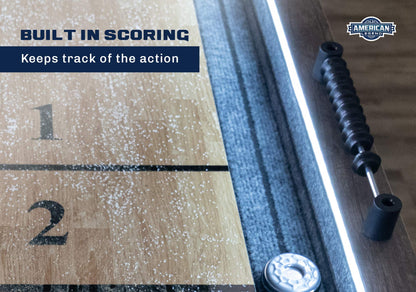 American Legend Kirkwood 9’ Shuffleboard Table with LED Rails, Bowling Game Set, Rustic Wood Finish & Accessories Included