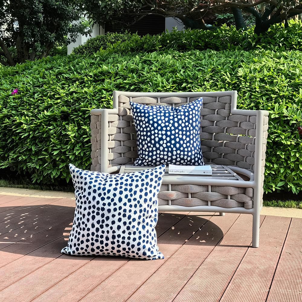 Outdoor Pillow Covers 18x18, Set of 2 Blue Polka Dot Waterproof Decorative Pillow Cases for Summer Outdoor Sofa Bed