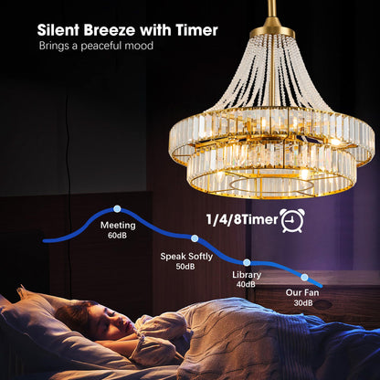 LVYEAYOU 24“ Modern Crystal Chandelier Ceiling Fan with Lights, Remote & App Control, 6-Speed Reversible Large Fandelier, Double Layer Design for Bedroom, Living Room (Luxury Gold)