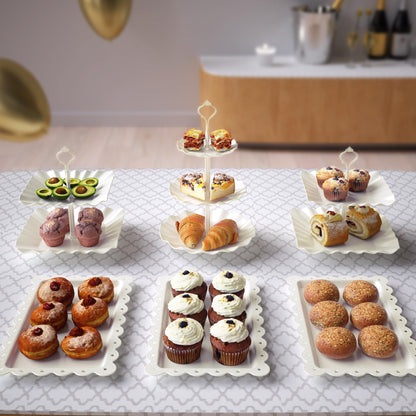 10 Pack Cake Stand Set with 3 x Two-Tier and 3 x Three-Tier Cupcake Stands, Plastic Dessert Table Stand Set 3 Tired Cookie Tray and 4 Pcs Dessert Trays