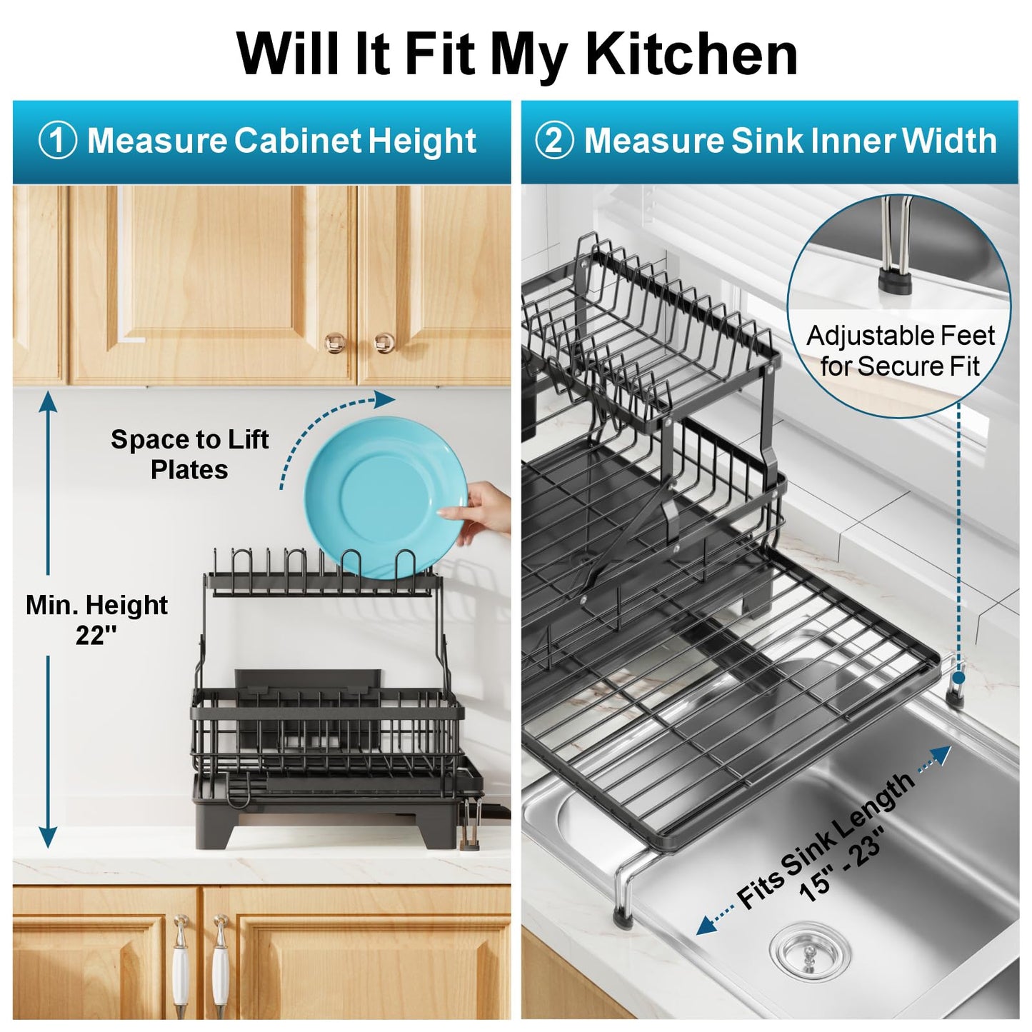 GSlife Large 2 Tier Dish Drying Rack, Expandable Heavy-Duty Dish Rack for Kitchen Counter, Rust-Resistant Dish Drainer with Utensil & Cup Holder, Auto-Drain, 16.9" W x 14.4"-22.4" L, Black
