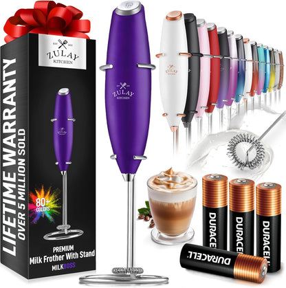 Zulay Kitchen Milk Frother Wand - Ultra Fast Electric Whisk for Coffee & Lattes - Includes 4 AA Batteries - Grape
