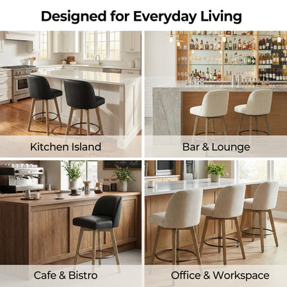 CHITA Modern Swivel Counter Height Bar Stools Set of 2, 26" Upholstered Counter Stools, Solid Wood Legs, Comfortable Cushioned Seat, Cream Fabric
