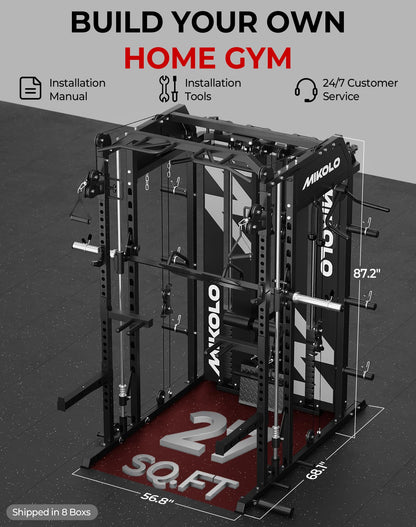 Mikolo Smith Machine with Weight Stack, Power Cage Home Gym System with LAT Pulldown & Cable Crossover, Multi-Functional Trainer with Dual Pulley System, Weight Bench, Cable attachments