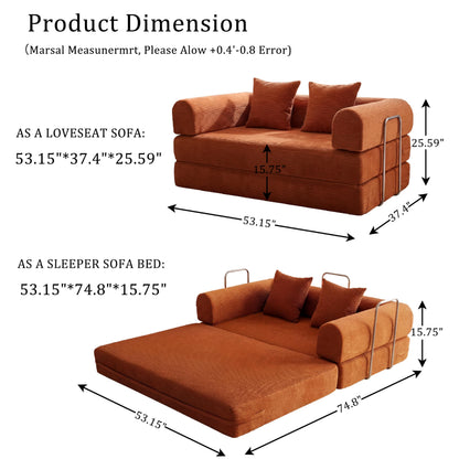 53.15"Boneless Couch,4-in-1 Futon Sofa Bed Modular Loveseat Sleeper Folding Compressed Couch with Pillows,No Assembly Required Convertible Sofa Bed for Living Room Bedroom Guest Room,Orange