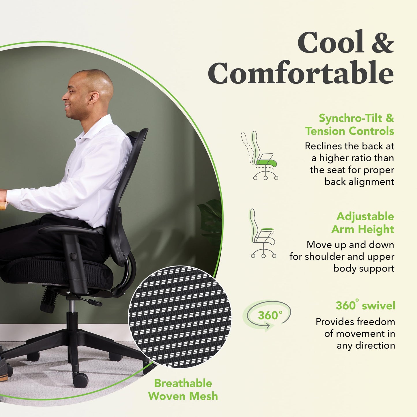 HON Wave High Back Ergonomic Mesh Office Chair with Adjustable Arms, Synchro‑Tilt Recline and Swivel Wheels, Desk and Computer Chair for Home Office or Workstation, Black