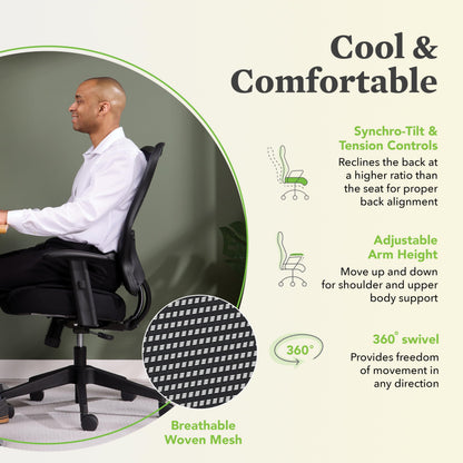 HON Wave High Back Ergonomic Mesh Office Chair with Adjustable Arms, Synchro‑Tilt Recline and Swivel Wheels, Desk and Computer Chair for Home Office or Workstation, Black