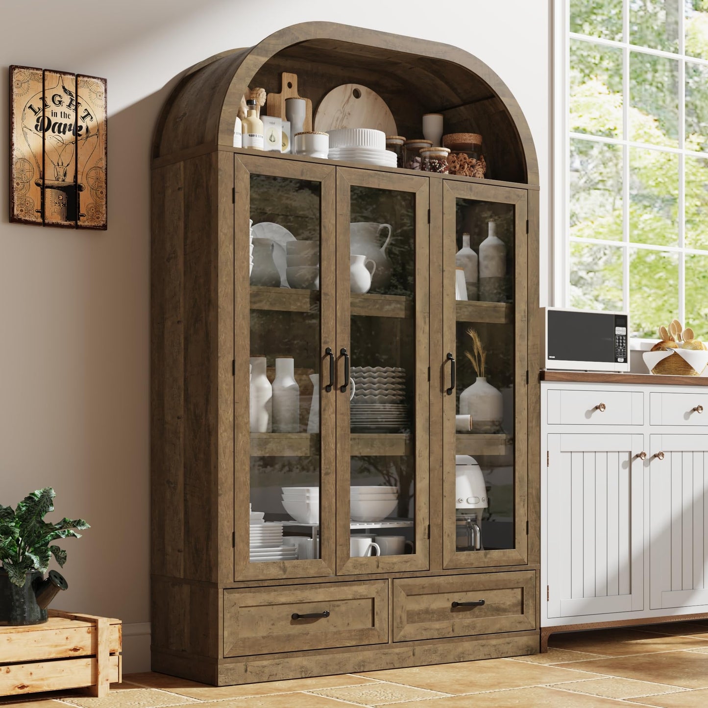 chartustriable 73" Tall Arched Kitchen Pantry Cabinet w Load-Bearing Steel Pipe,Modern Farmhouse Kitchens Storage Cabinet with Drawer and Glass Doors,Tall Arched Bookcase,Pantry Organizer(Natural)