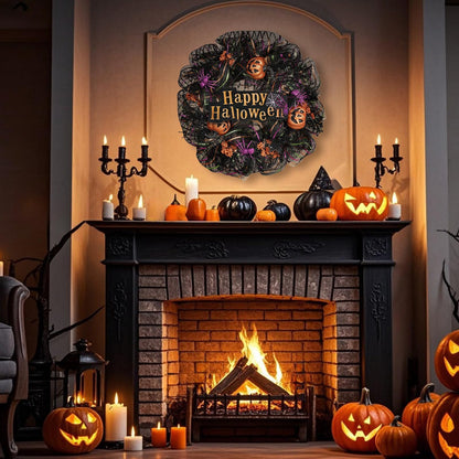 Huadanbor 24 inch Wreath, Halloween Wreath for Front Door, Halloween Spider Decor Pumpkin Skull Wreaths, Wall, Window, Garden and Offices Decor. (Black)