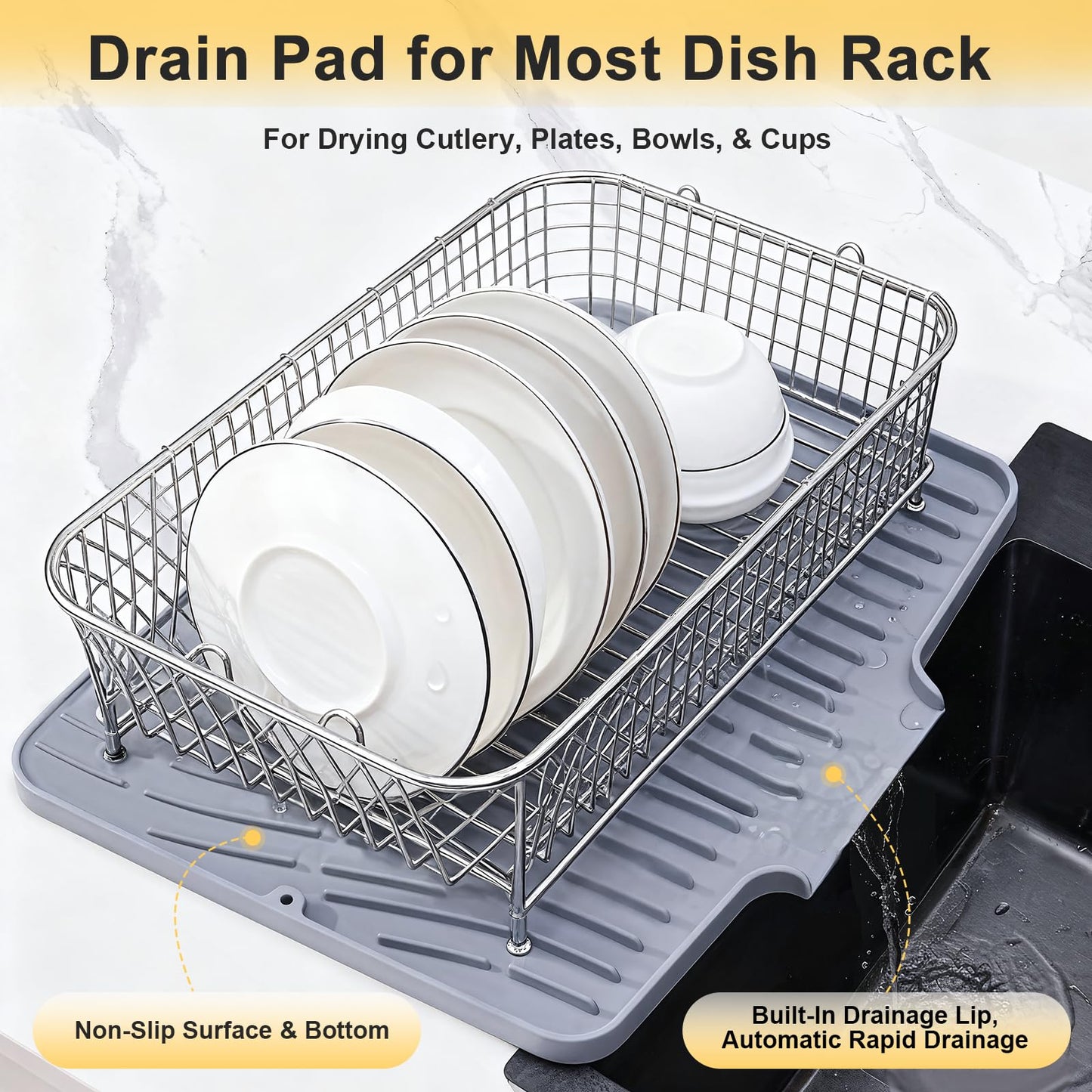 Silicone Dish Drying Mat for Kitchen Counter,Non-Slip Dish Drying Pad with Drain Lip,Heat Resistant Sink drying Mat for Dishes,Large Rubber dish drain mat dish rack mat (Grey,15.8"x13")