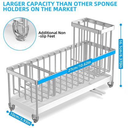 Moforoco Larger Version Sponge Holder for Kitchen Sink, Sink Caddy with High Brush Holder, Kitchen Sink Organizer Countertop Rustproof 304 Stainless Steel (Stainless Steel)