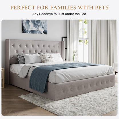 SHA CERLIN King Size Lift Up Storage Bed Frame,Button Tufted Wingback Headboard,Upholstered Platform,Hydraulic Storage,Wooden Slat Support,No Box Spring,Light Beige