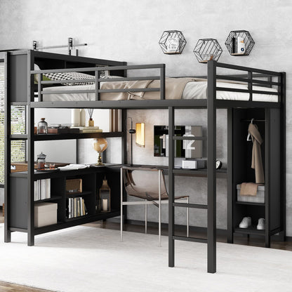 Bellemave Queen Size Loft Bed with Desk, Wardrobe & Storage Shelves, Modern Metal Loft Bed Frame for Adults, Teens, Kids, Space-Saving Queen Bed for Small Rooms, Dorms, Apartments (Queen, Black)