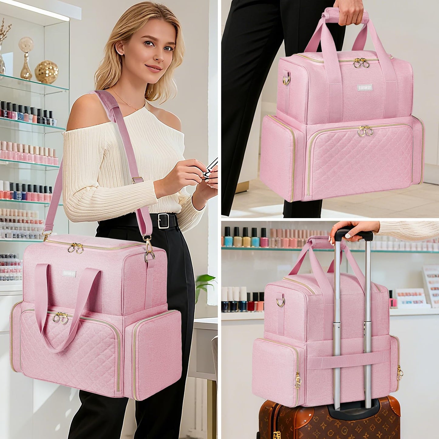 Nail Polish Organizer Holds 80 Bottles and a Nail Lamp,Nail Polish Carrying Case with 2 Removable Bags,Nail Organizers and Storage for Nail Tech,Portable Nail Polish Holder for Nail Supplies,Pink