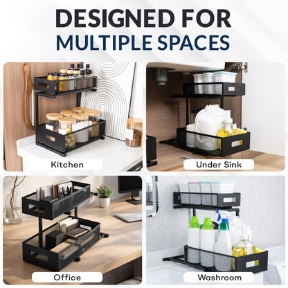 JMGLife Under Sink Organizer Set of 2, Heavy Duty Matte Black Metal Cabinet Organizer with Retractable Shelves, Adjustable Height, Expandable Storage for Kitchen Bathroom and Laundry Room