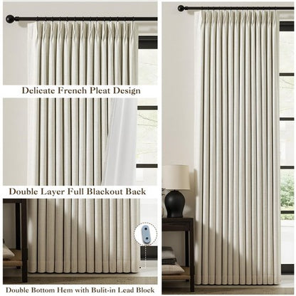 IVAPUPU Natural Pinch Pleated 100% Blackout Linen Curtains 90 Inch Length for Bedroom, Black Out Pinch Pleat Curtains for Living Dining Room Darkening Thermal Insulated Drapes with 16 Hooks, 2 Panels