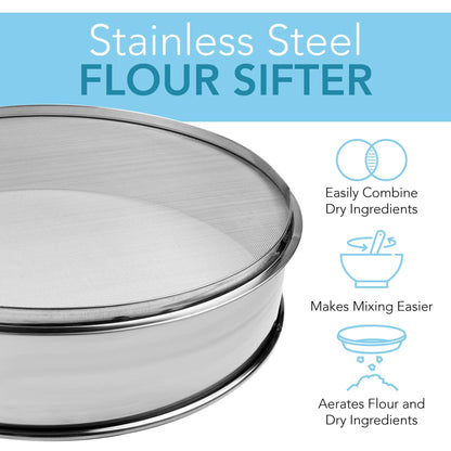 Vollum Stainless Steel Flour Sifter Fine Mesh Round Flour Sieve for Baking 12" Diameter x 2.5" High; 50 Mesh (Hole Size 0.3mm)