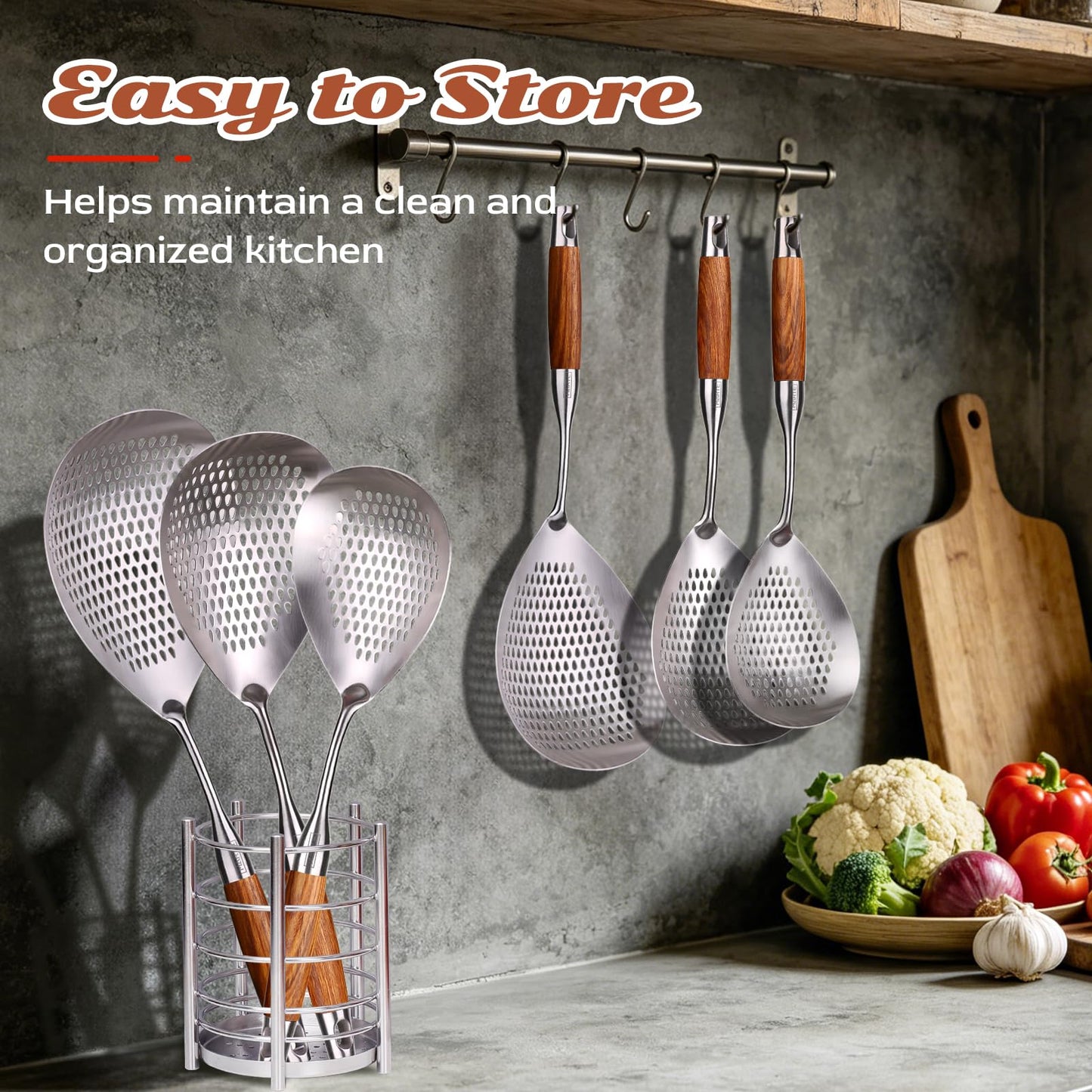 MARTE 16.5in 304 Stainless Steel Skimmer Slotted Spoon - Pasta Spider Strainer Ladle for Cooking and Frying - Kitchen Metal Scoop Colander With Heat Resistant Wooden Handle