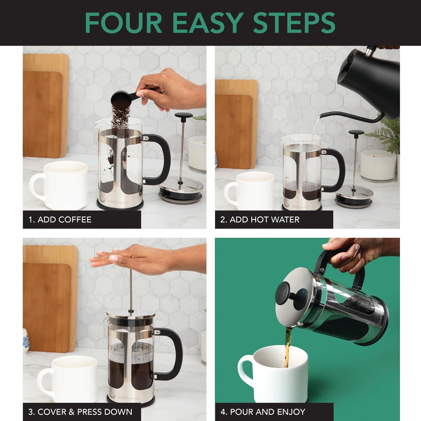 Farberware French Press Coffee Maker, Tea & Espresso Maker, Stainless Steel Cold Brew Press, Heat-Resistant Borosilicate Glass, BPA-Free, Measuring Spoon Included, 8 Cup Capacity (Stainless)