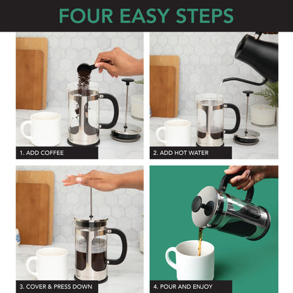Farberware French Press Coffee Maker, Tea & Espresso Maker, Stainless Steel Cold Brew Press, Heat-Resistant Borosilicate Glass, BPA-Free, Measuring Spoon Included, 8 Cup Capacity (Stainless)