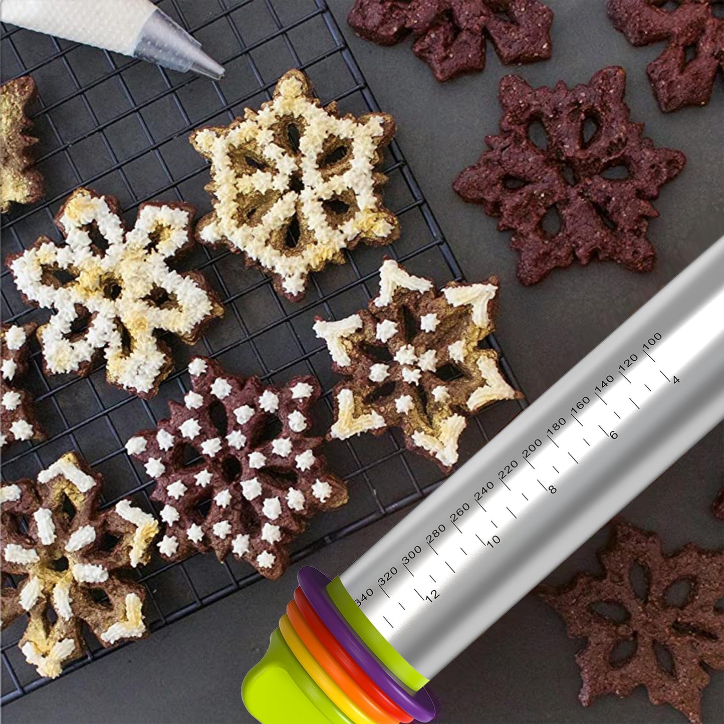Mepple Stainless Steel Rolling Pin with Thickness Rings for Fondant, Pizza, Cookie, Pastry, Pie,Roller Rod for Dough Thickness,Rolling Pin for Baking, 13.6" with 4 Thickness Rings and Wooden Stand