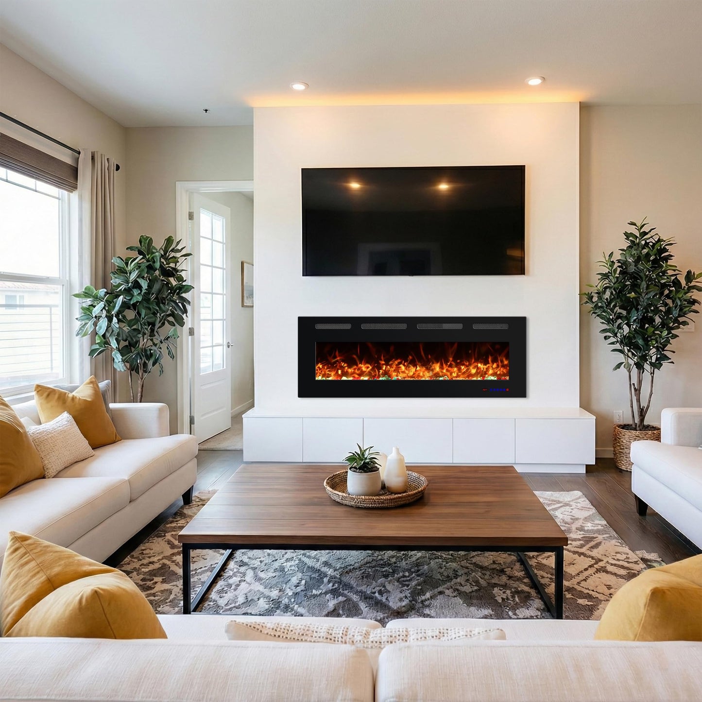 Oxhark Flame 60 Inches Electric Fireplace, Wall Mounted Fireplace Inserts Electric Heater, Flame Effects Like Real Flame, Low Noise, Timer & Thermostat Setting, 750W/1500W