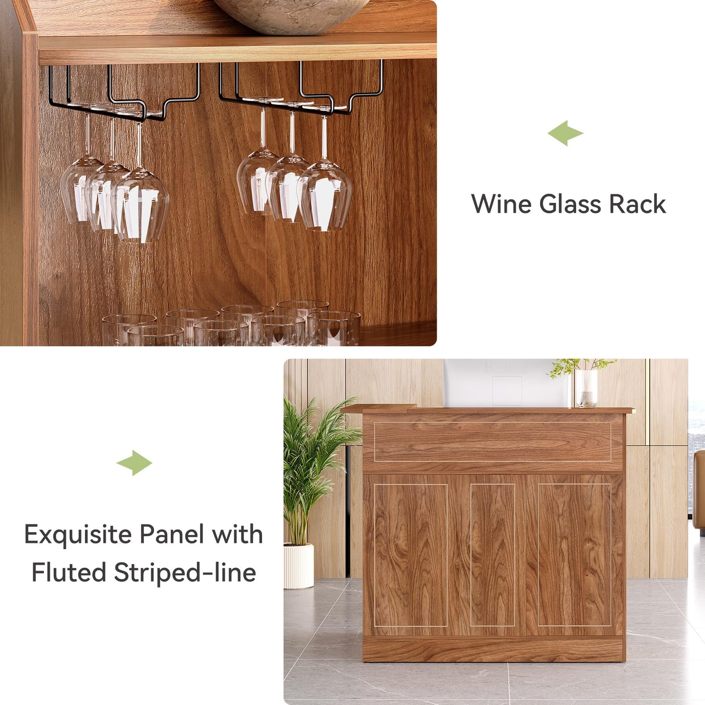 LITTLE TREE Bar Cabinet, 4-Tier Home Mini Bar Cabinet with Stemware Rack, Freestanding Wooden Storage Cabinets, Modern L-Shaped Liquor Table Cabinets for Living Room, Dining Room, Orange Brown