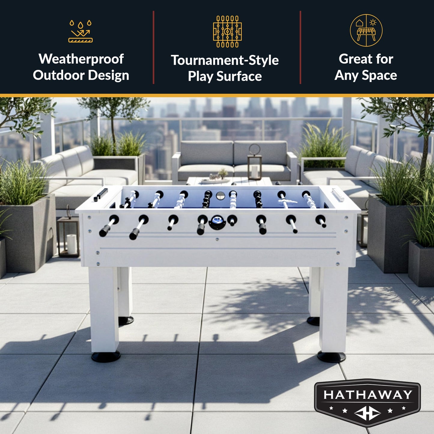 Hathaway Highlander 55-in Outdoor Foosball Table Adult Size - White Soccer Table Game Set with Waterproof Surface, Anti-Rust Rods, Ergonomic Handles, Nylon Cover, 2 Scorers, and 2 ABS Foosball Balls